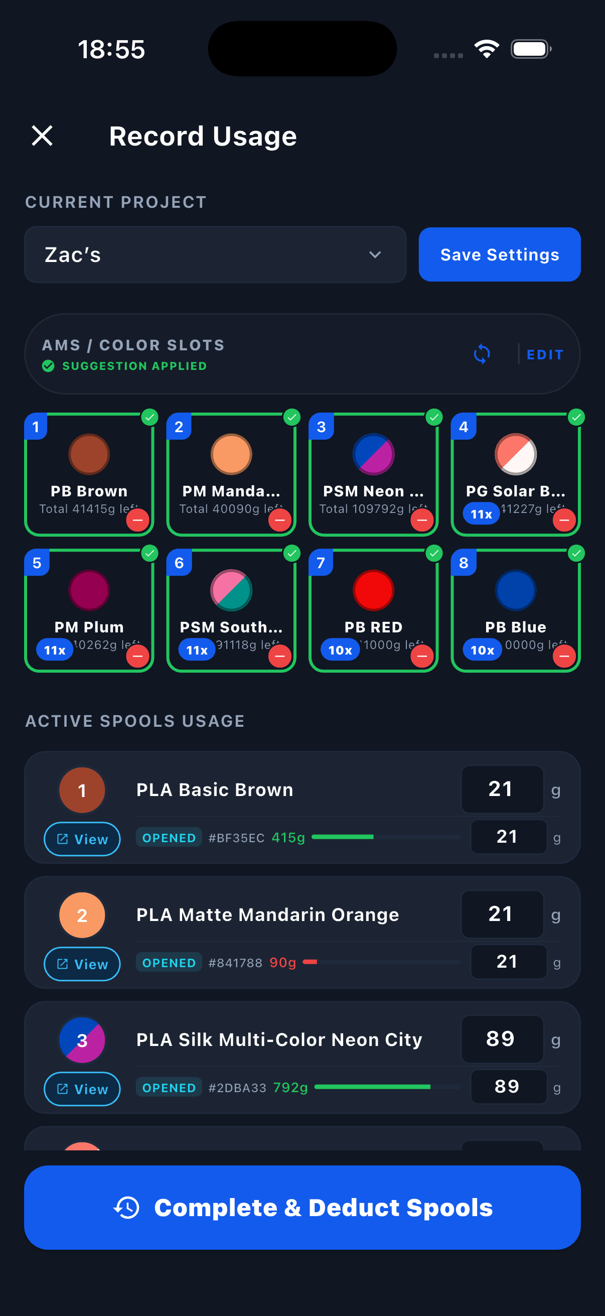 Filament Genius mobile interface for AMS slots and per-spool usage tracking
